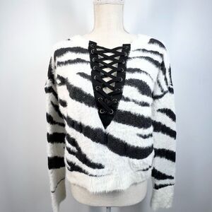 Y2K Express Fuzzy Zebra Animal Print Lace Up Sweater XS